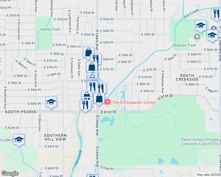map of restaurants, bars, coffee shops, grocery stores, and more near 2429 East 59th Court in Tulsa
