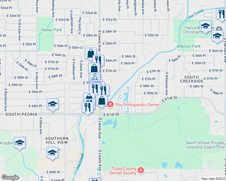 map of restaurants, bars, coffee shops, grocery stores, and more near 2429 East 59th Court in Tulsa