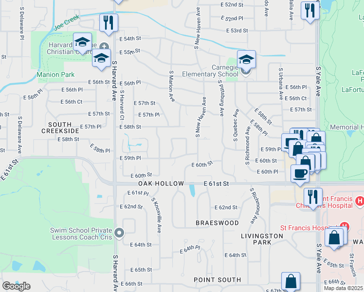 map of restaurants, bars, coffee shops, grocery stores, and more near 5918 South Marion Place in Tulsa