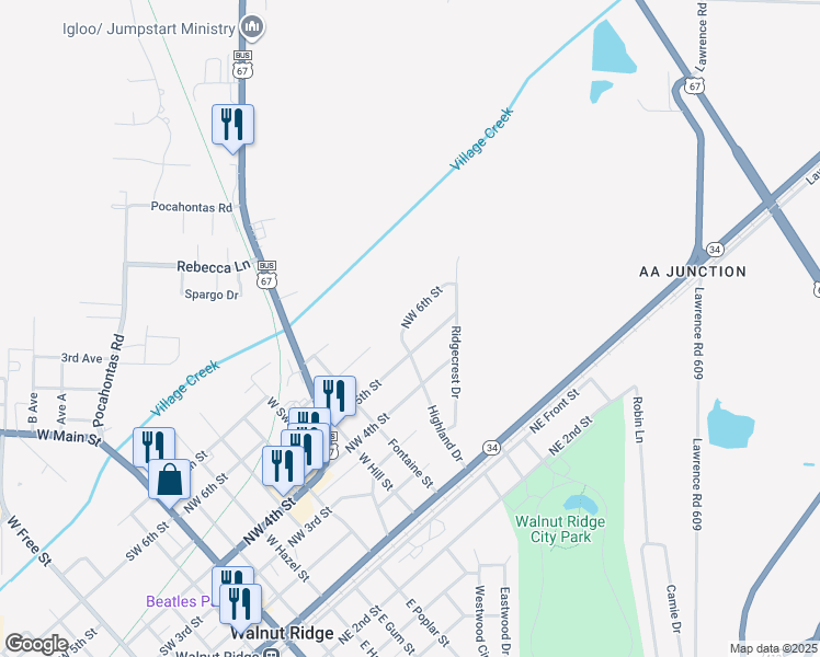 map of restaurants, bars, coffee shops, grocery stores, and more near 902 Northwest 6th Street in Walnut Ridge