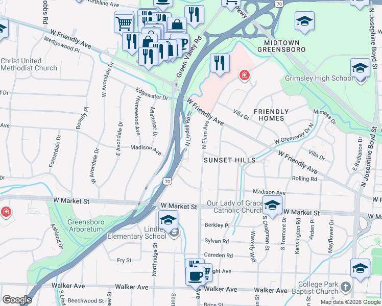 map of restaurants, bars, coffee shops, grocery stores, and more near 227 North Elam Avenue in Greensboro