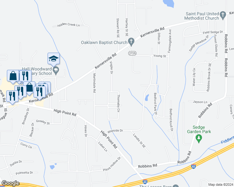 map of restaurants, bars, coffee shops, grocery stores, and more near 3625 Thornaby Circle in Winston-Salem
