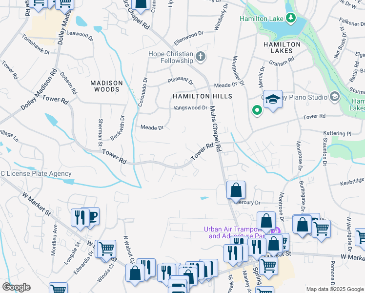 map of restaurants, bars, coffee shops, grocery stores, and more near 4828 Tower Road in Greensboro