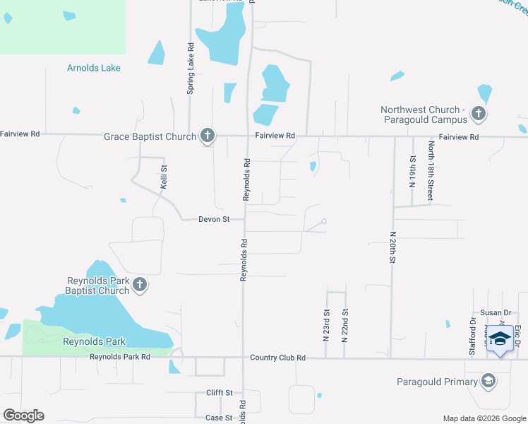 map of restaurants, bars, coffee shops, grocery stores, and more near 2618 Grand Lane in Paragould