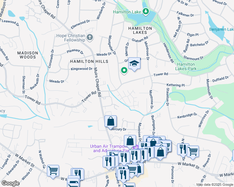 map of restaurants, bars, coffee shops, grocery stores, and more near 601 Glentower Drive in Greensboro