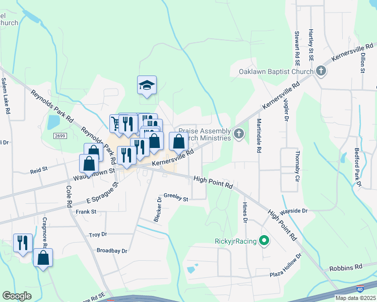 map of restaurants, bars, coffee shops, grocery stores, and more near 3103 Kernersville Road in Winston-Salem