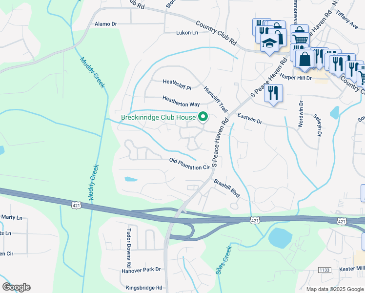 map of restaurants, bars, coffee shops, grocery stores, and more near 504 Brighton View Lane in Winston-Salem