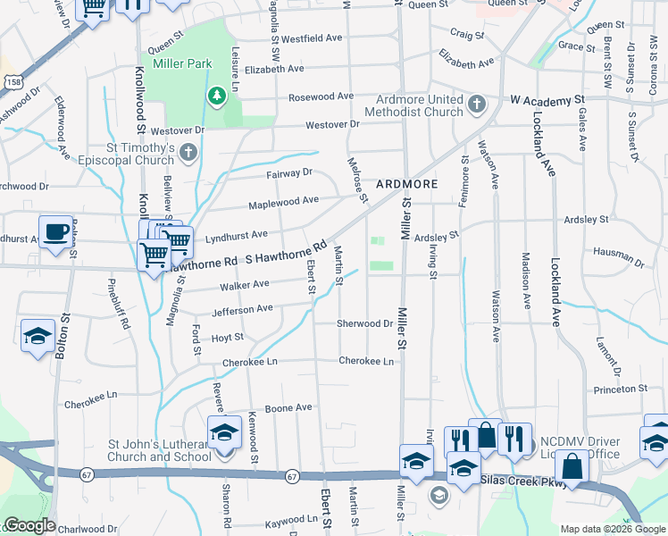 map of restaurants, bars, coffee shops, grocery stores, and more near 1036 Martin Street in Winston-Salem