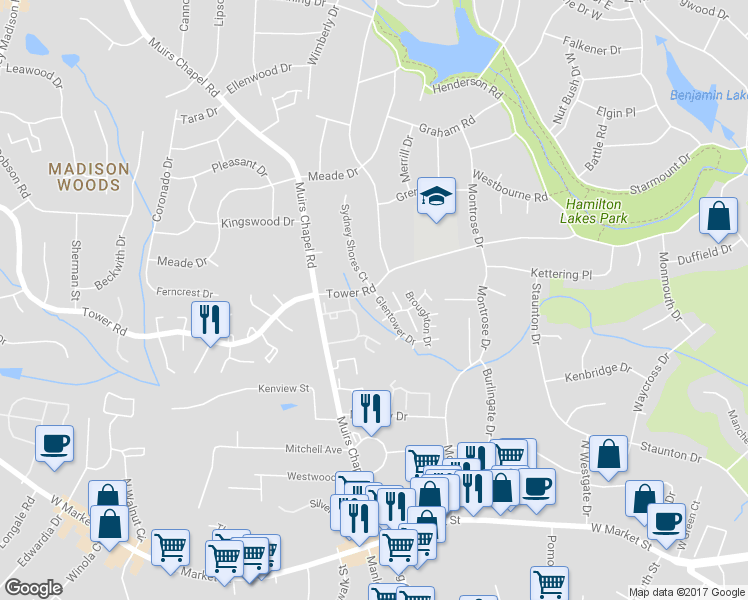 map of restaurants, bars, coffee shops, grocery stores, and more near 601 Glentower Drive in Greensboro