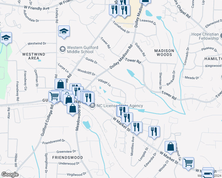 map of restaurants, bars, coffee shops, grocery stores, and more near 227 Village Lane in Greensboro