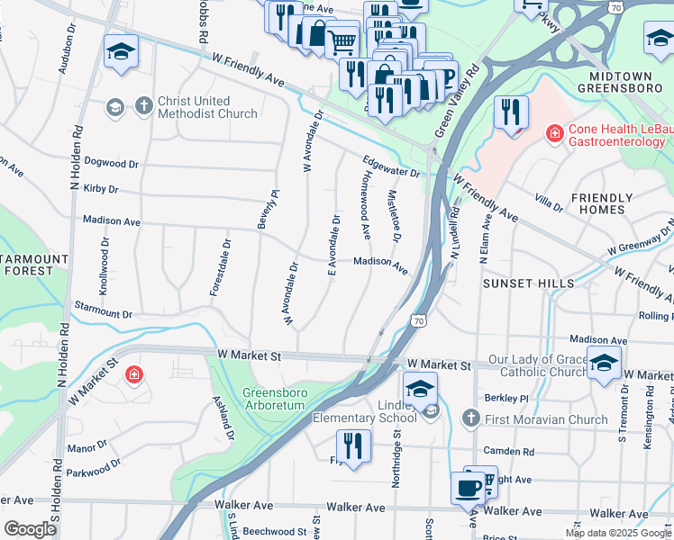 map of restaurants, bars, coffee shops, grocery stores, and more near 3109 Madison Avenue in Greensboro