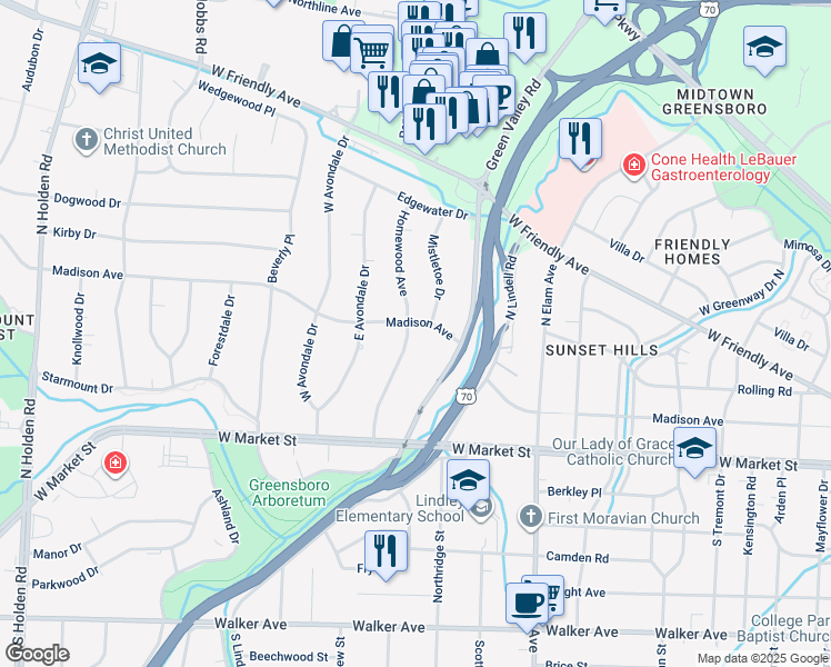 map of restaurants, bars, coffee shops, grocery stores, and more near 3009 Madison Avenue in Greensboro