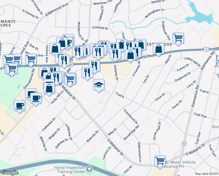 map of restaurants, bars, coffee shops, grocery stores, and more near 2223 Delaney Drive in Burlington