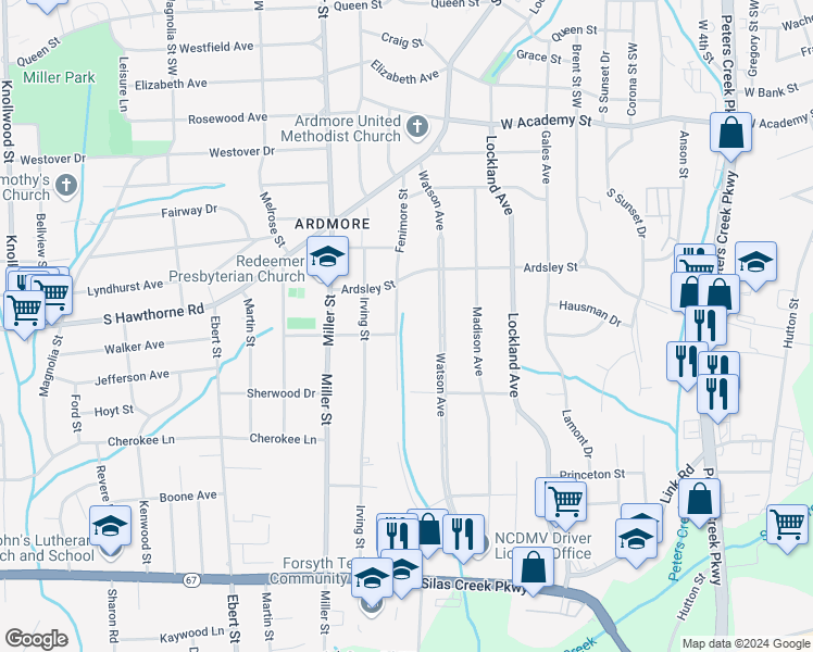 map of restaurants, bars, coffee shops, grocery stores, and more near 1015 Fenimore Street in Winston-Salem
