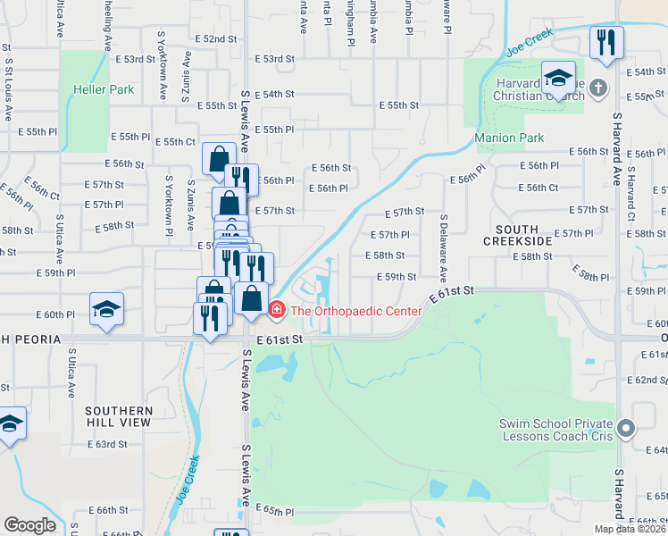 map of restaurants, bars, coffee shops, grocery stores, and more near 5812 South Atlanta Place in Tulsa