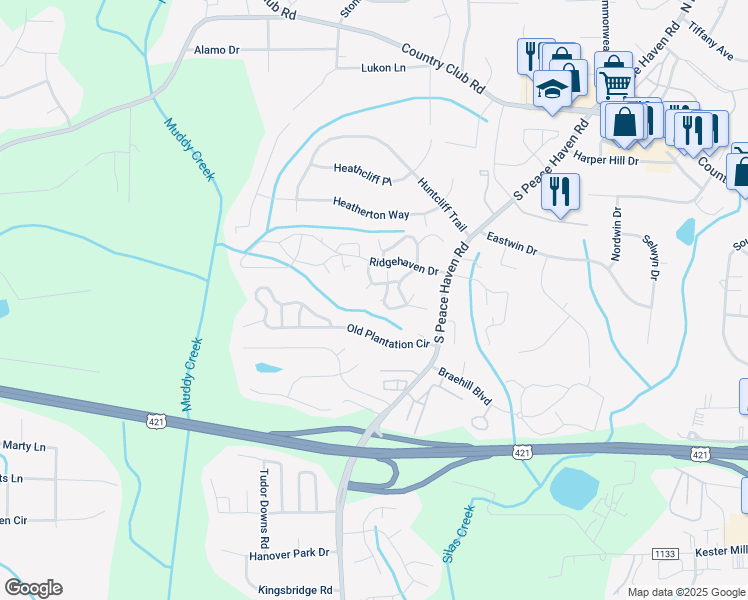 map of restaurants, bars, coffee shops, grocery stores, and more near 504 Brighton View Lane in Winston-Salem
