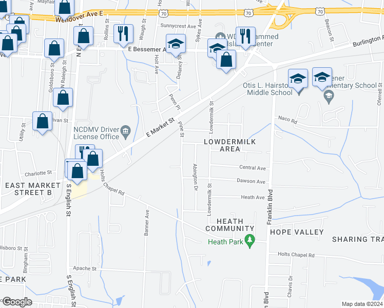 map of restaurants, bars, coffee shops, grocery stores, and more near 506 Abington Drive in Greensboro