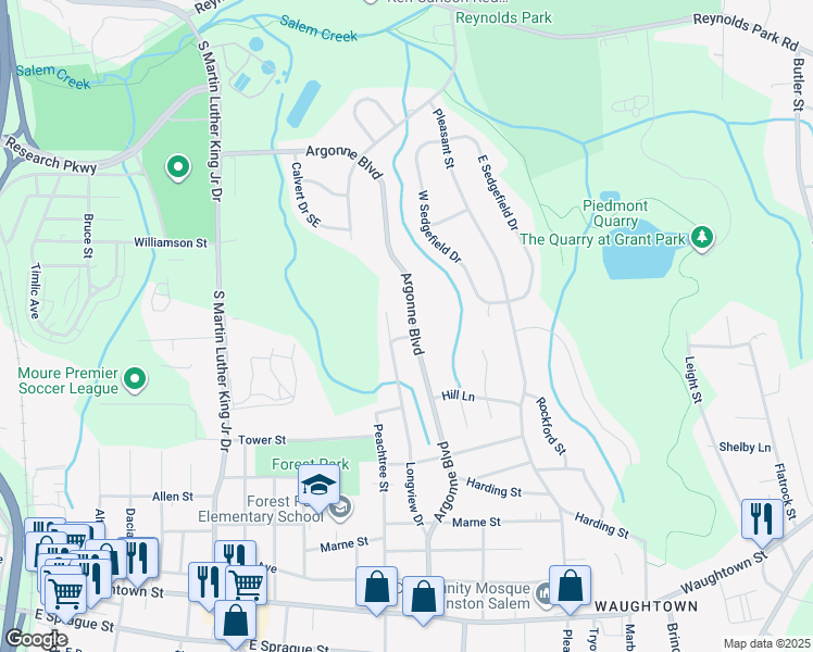 map of restaurants, bars, coffee shops, grocery stores, and more near 1429 Argonne Boulevard in Winston-Salem