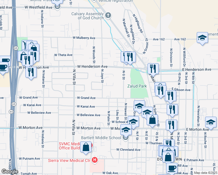 map of restaurants, bars, coffee shops, grocery stores, and more near 375 Fairhaven Lane in Porterville