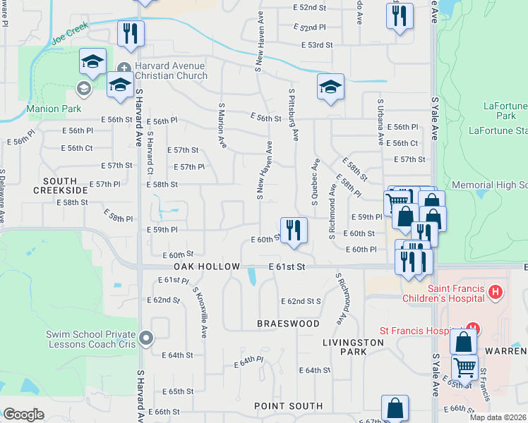 map of restaurants, bars, coffee shops, grocery stores, and more near 5911 South New Haven Avenue in Tulsa