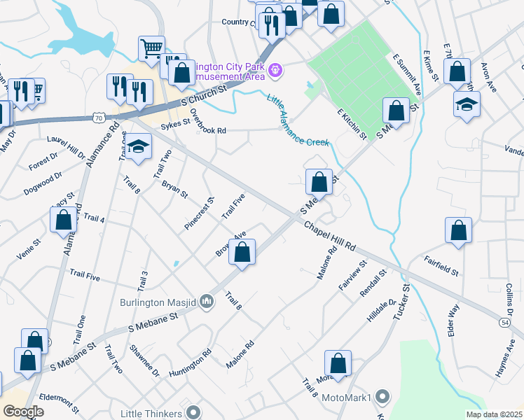 map of restaurants, bars, coffee shops, grocery stores, and more near 417 Chapel Hill Road in Burlington