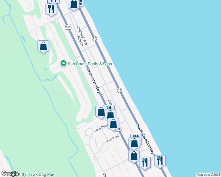 map of restaurants, bars, coffee shops, grocery stores, and more near 4245 Lindbergh Avenue in Kitty Hawk