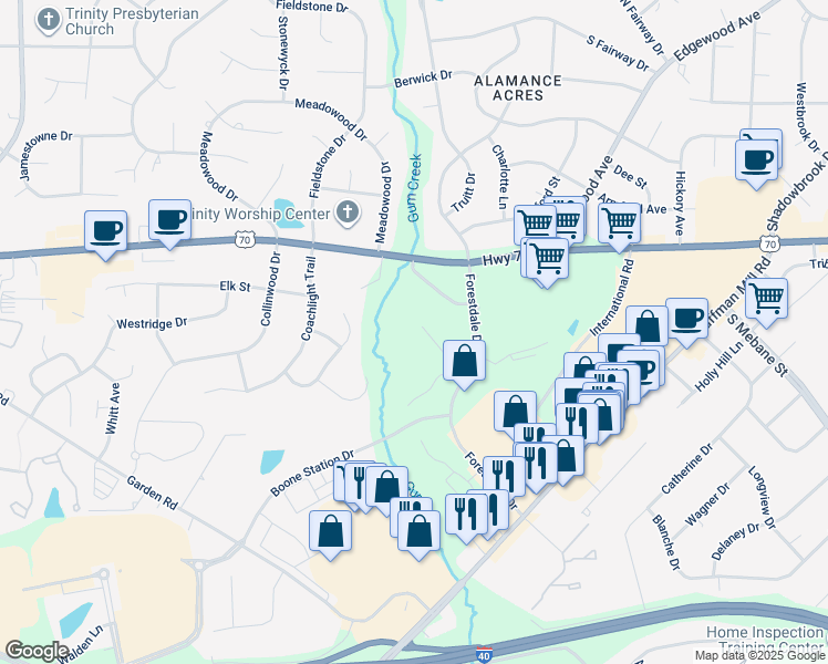 map of restaurants, bars, coffee shops, grocery stores, and more near 3487 Forestdale Drive in Burlington