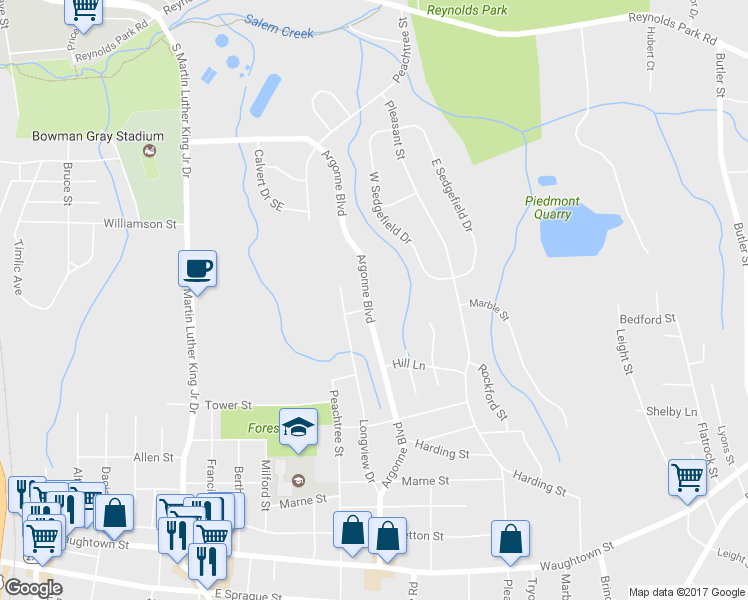 map of restaurants, bars, coffee shops, grocery stores, and more near 1429 Argonne Boulevard in Winston-Salem
