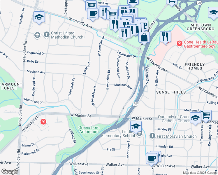 map of restaurants, bars, coffee shops, grocery stores, and more near 3109 Madison Avenue in Greensboro