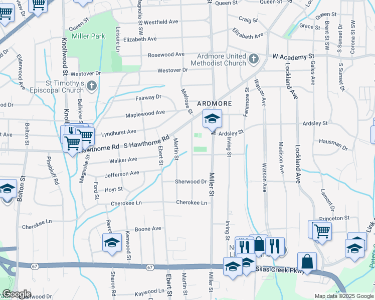 map of restaurants, bars, coffee shops, grocery stores, and more near 1054 Melrose Street in Winston-Salem