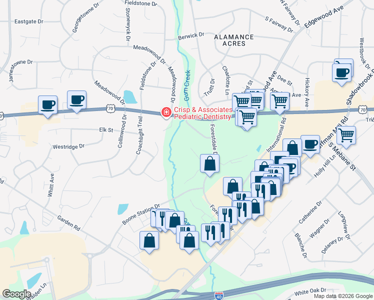 map of restaurants, bars, coffee shops, grocery stores, and more near 3487 Forestdale Drive in Burlington