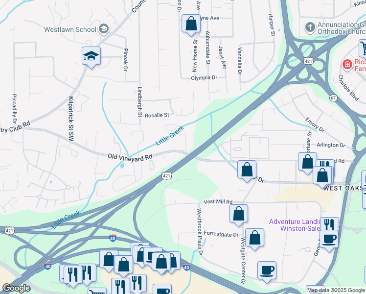 map of restaurants, bars, coffee shops, grocery stores, and more near 4343 Johnsborough Court Southwest in Winston-Salem