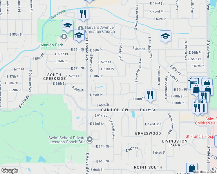 map of restaurants, bars, coffee shops, grocery stores, and more near 5815 South Knoxville Avenue in Tulsa