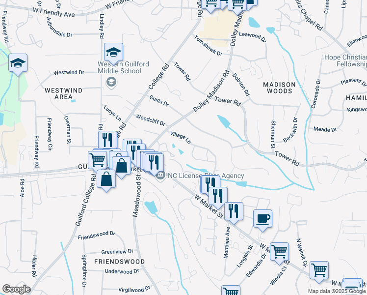 map of restaurants, bars, coffee shops, grocery stores, and more near 303 Village Lane in Greensboro