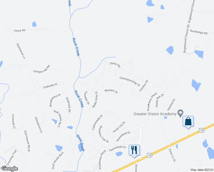 map of restaurants, bars, coffee shops, grocery stores, and more near 681 Winners Circle in Whitsett