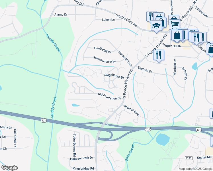 map of restaurants, bars, coffee shops, grocery stores, and more near 506 Brighton View Lane in Winston-Salem