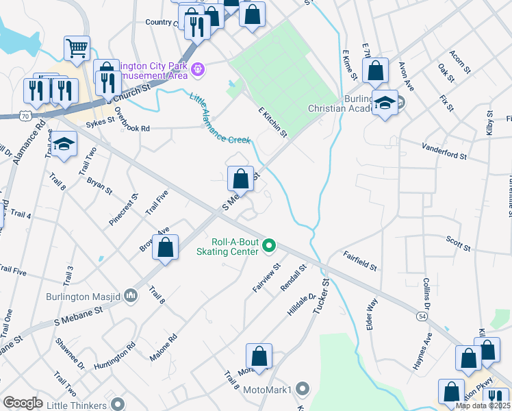 map of restaurants, bars, coffee shops, grocery stores, and more near 1528 South Mebane Street in Burlington