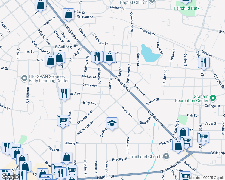 map of restaurants, bars, coffee shops, grocery stores, and more near 1406 Long Street in Burlington