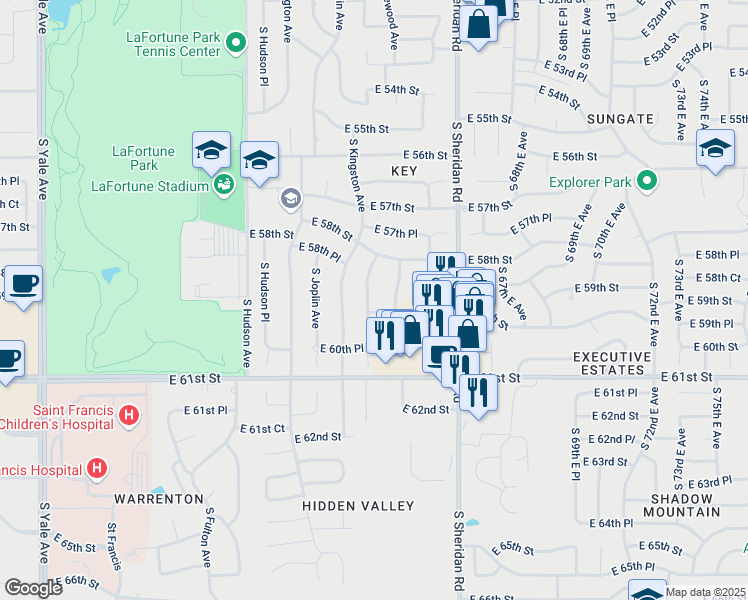 map of restaurants, bars, coffee shops, grocery stores, and more near 5848 South Lakewood Avenue in Tulsa