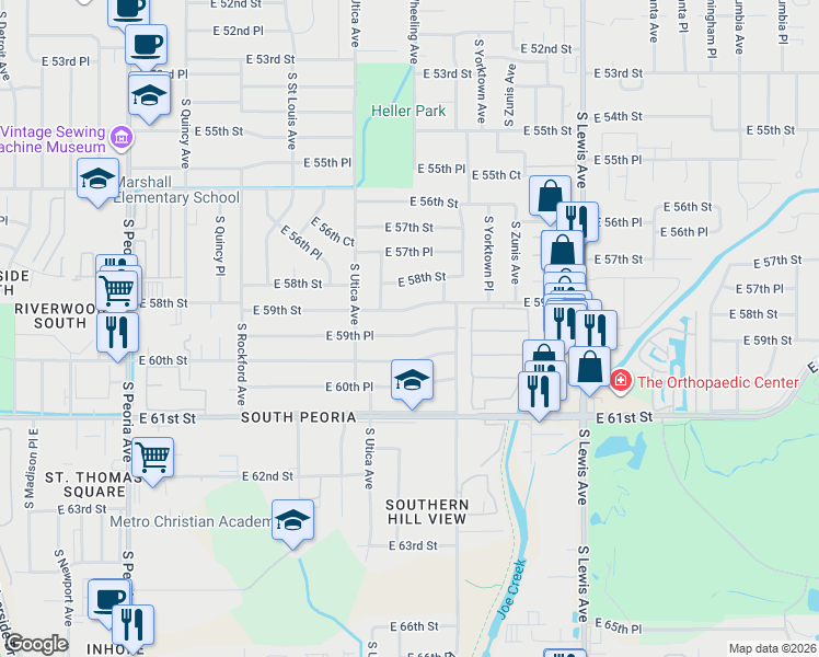 map of restaurants, bars, coffee shops, grocery stores, and more near 1735 East 59th Place in Tulsa