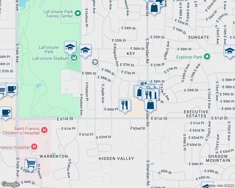 map of restaurants, bars, coffee shops, grocery stores, and more near 5848 South Lakewood Avenue in Tulsa