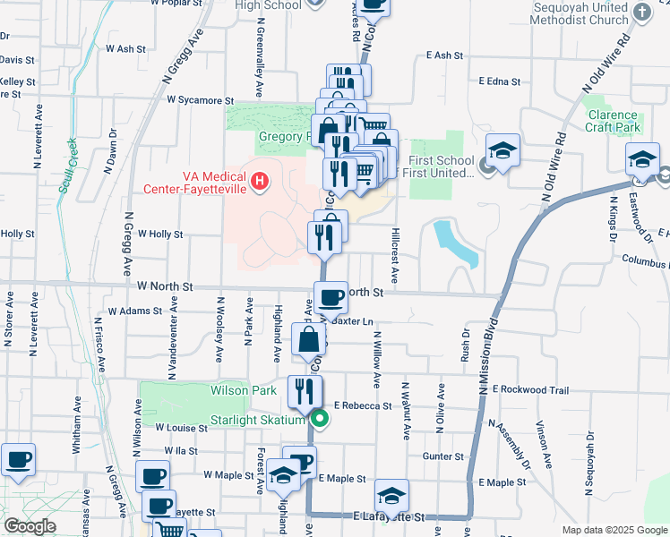 map of restaurants, bars, coffee shops, grocery stores, and more near 1140 North College Avenue in Fayetteville
