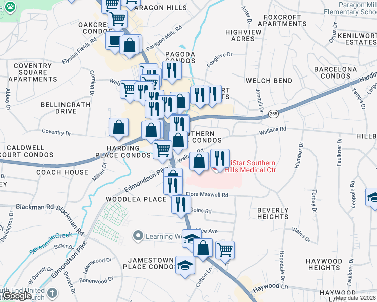 map of restaurants, bars, coffee shops, grocery stores, and more near 370 Wallace Road in Nashville
