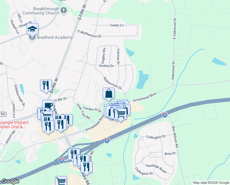 map of restaurants, bars, coffee shops, grocery stores, and more near 4151 Applecross Drive in Mebane