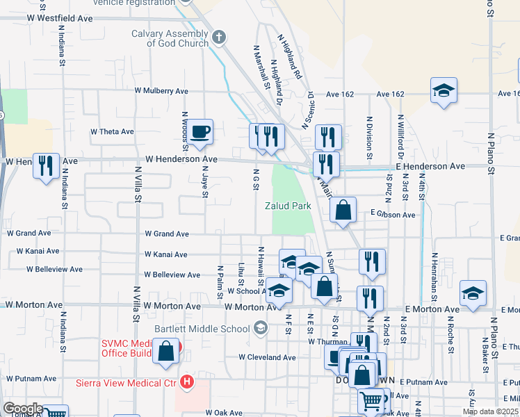 map of restaurants, bars, coffee shops, grocery stores, and more near 670 North G Street in Porterville