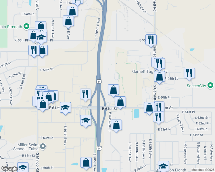 map of restaurants, bars, coffee shops, grocery stores, and more near 5822 South 107th East Avenue in Tulsa