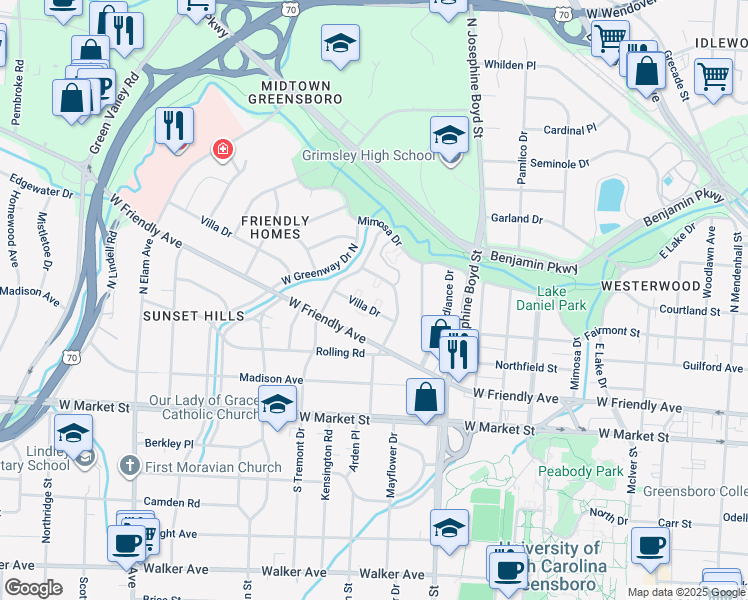 map of restaurants, bars, coffee shops, grocery stores, and more near 1822 Villa Drive in Greensboro