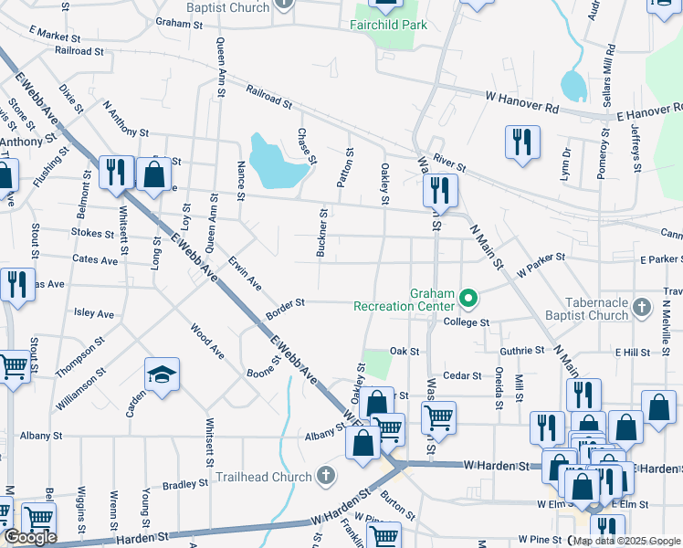 map of restaurants, bars, coffee shops, grocery stores, and more near 618 Whitsett Street in Graham
