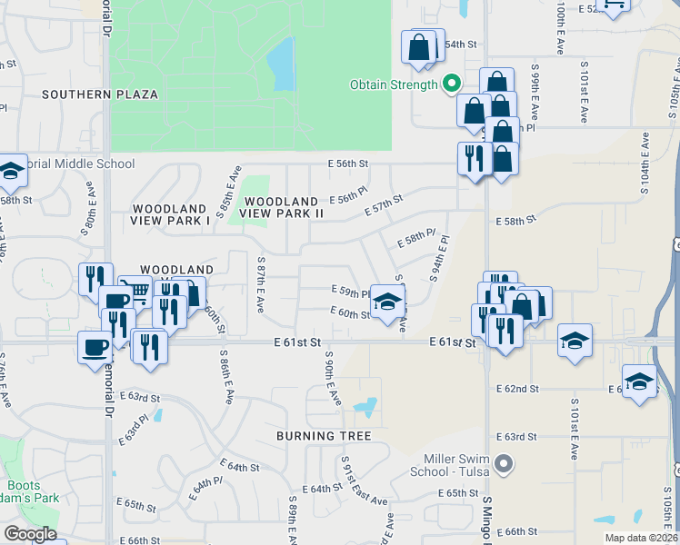 map of restaurants, bars, coffee shops, grocery stores, and more near 8946 East 59th Street in Tulsa