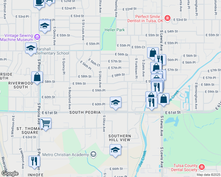 map of restaurants, bars, coffee shops, grocery stores, and more near 1735 East 59th Place in Tulsa